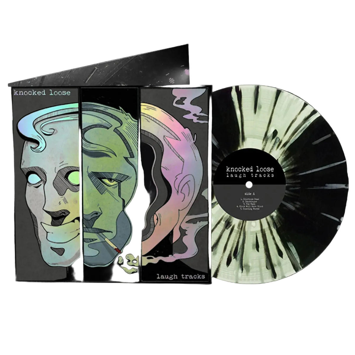 Knocked Loose Laugh Tracks (10 Year Anniversary Edition) - Coke Bottle Clear/Black Tri Stripe with White and Silver Splatter LP