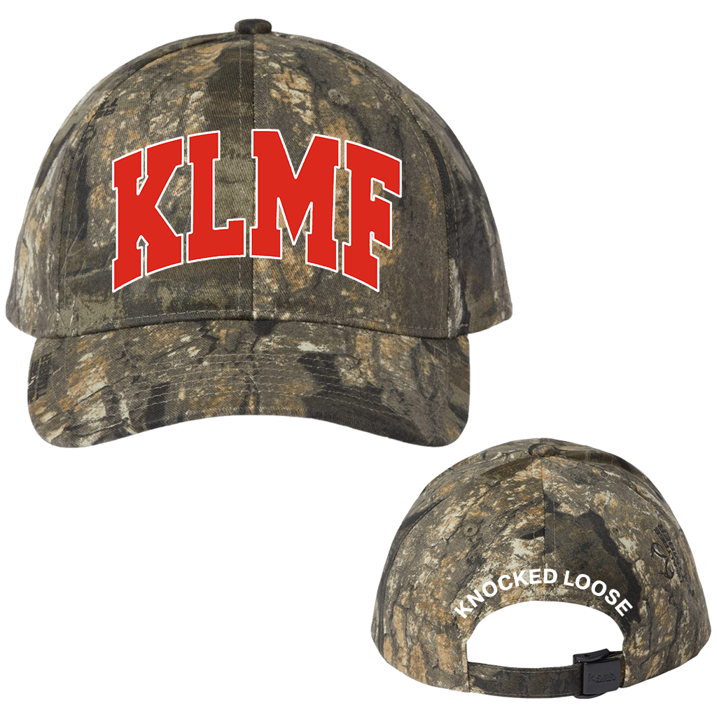 Knocked Loose "KLMF Arch" design embroidered in red and white on the front and the back of a camo sportcap