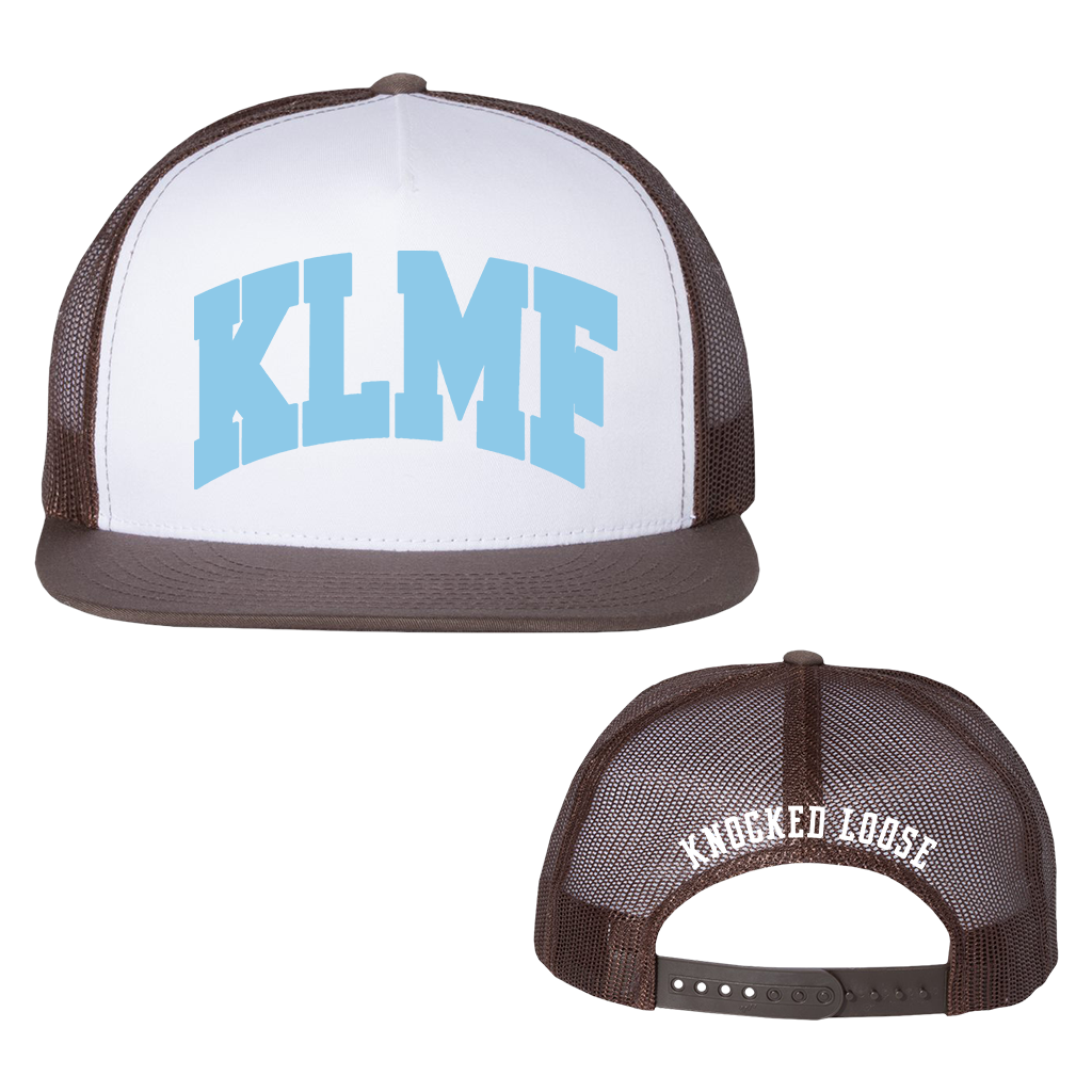 Knocked Loose's KLMF logo is embroidered on the front and back of a brown and white Yupoong adjustable snapback trucker hat. One size fits most.