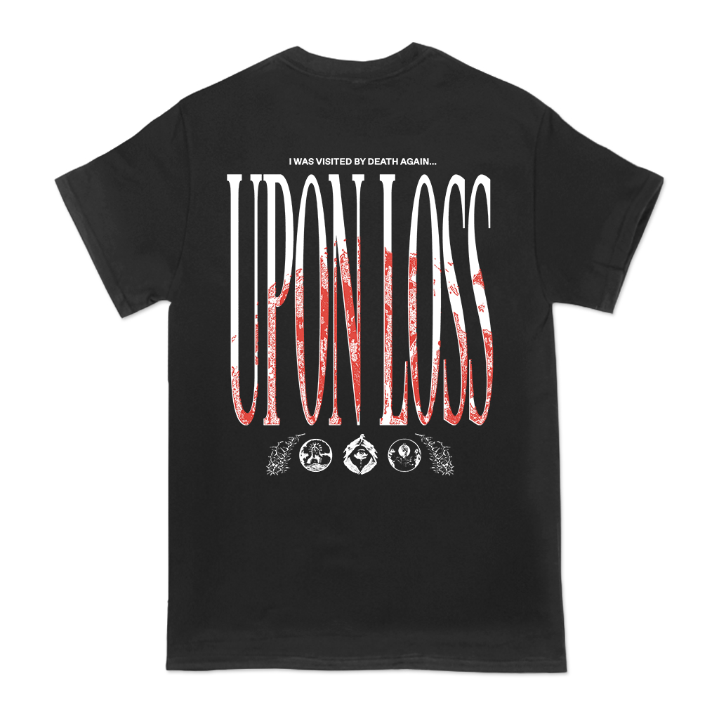 Knocked Loose's "Atop Your Throne" design, printed on the front and back of a black American Apparel/Alstyle tee.