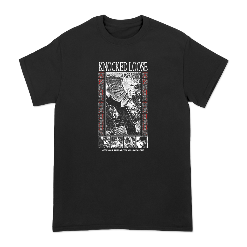 Knocked Loose's "Atop Your Throne" design, printed on the front and back of a black American Apparel/Alstyle tee.