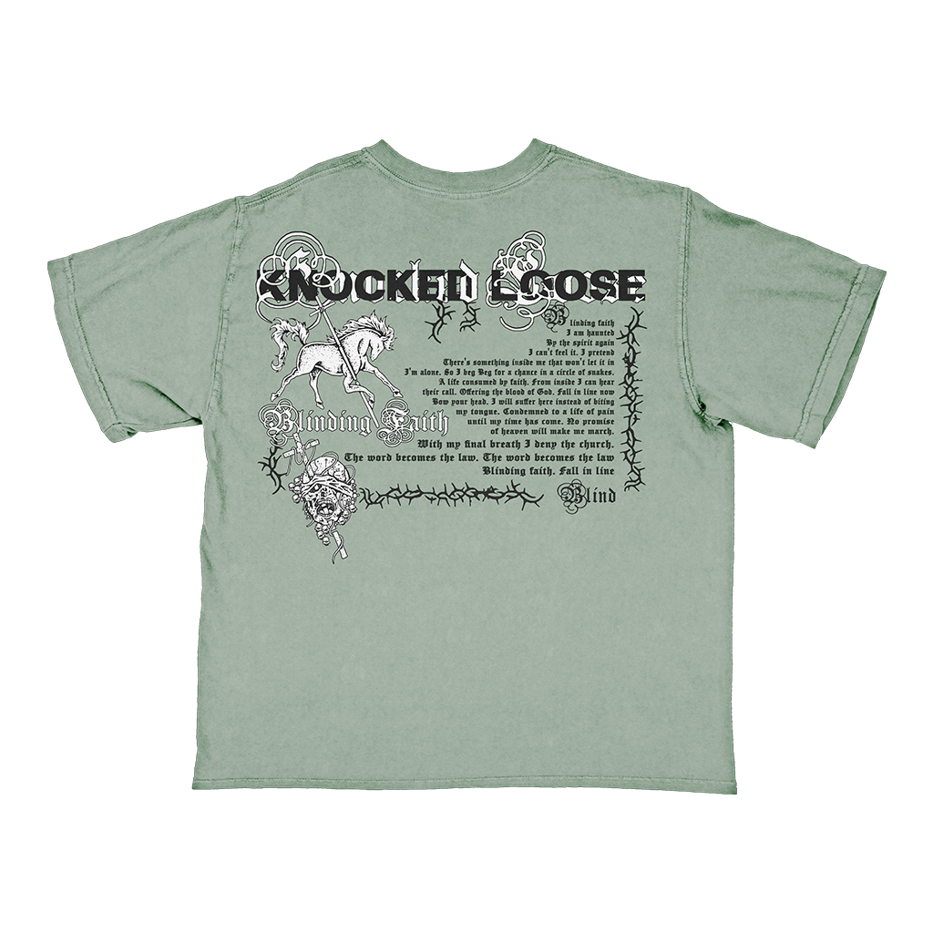 Knocked Loose's "Blinding Faith" design, printed on the front and back of a green Comfort Colors tee.