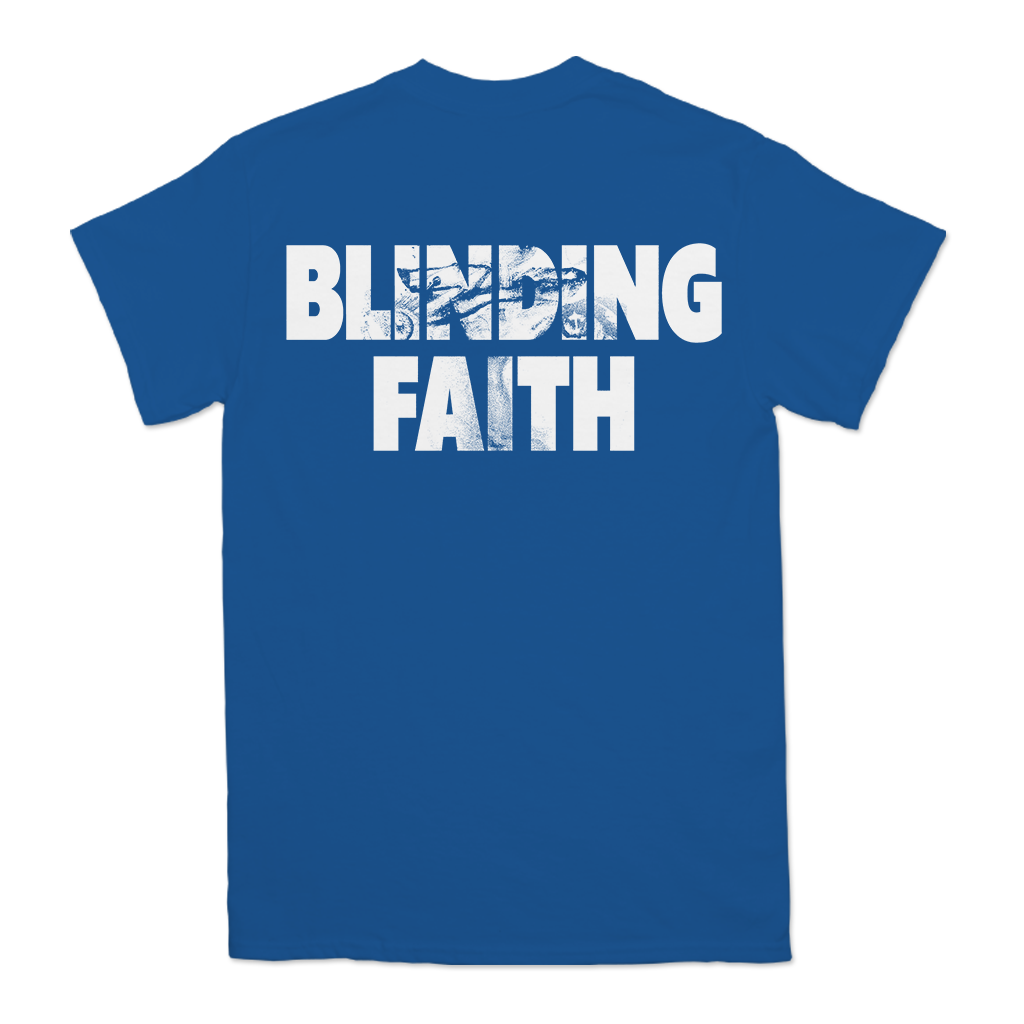 Knocked Loose's "Blinding Faith" design, printed on the front and back of a royal American Apparel/Alstyle tee.