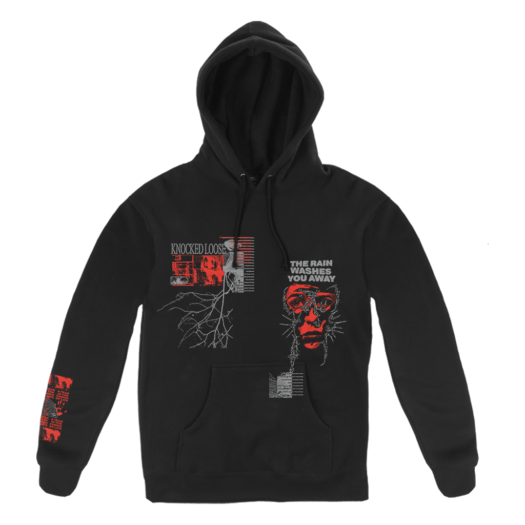 Knocked Loose's "Rain Branch" design, printed on the front and right sleeve of a black Champion pullover hooded sweatshirt. Hoodie features include: 9oz., 50/50 cotton/polyester, made with up to 5% recycled polyester from plastic bottles; durable coverstitching throughout; 2-ply hood; dyed-to-match drawcord; front pouch pocket; and “C” logo on left sleeve.
