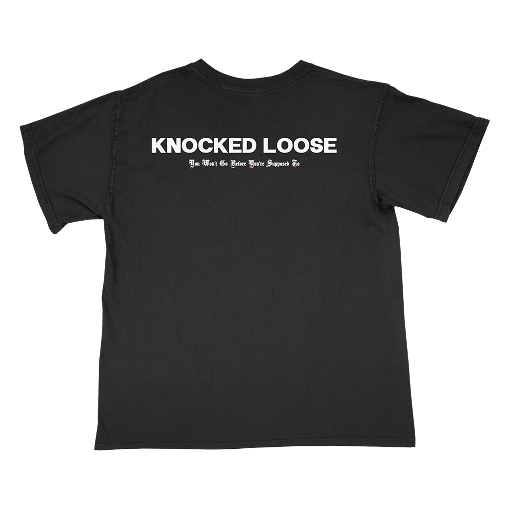 Knocked Loose's "Don't Reach For Me" design, printed on the front and back of a black American Apparel/Alstyle tee.