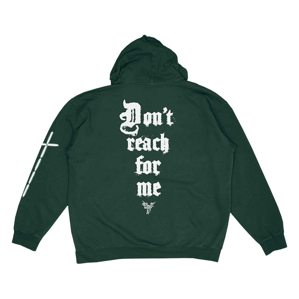 Knocked Loose's "Don't Reach Oval" design, printed on the front, back and left sleeve of a forest green Gildan hoodie.