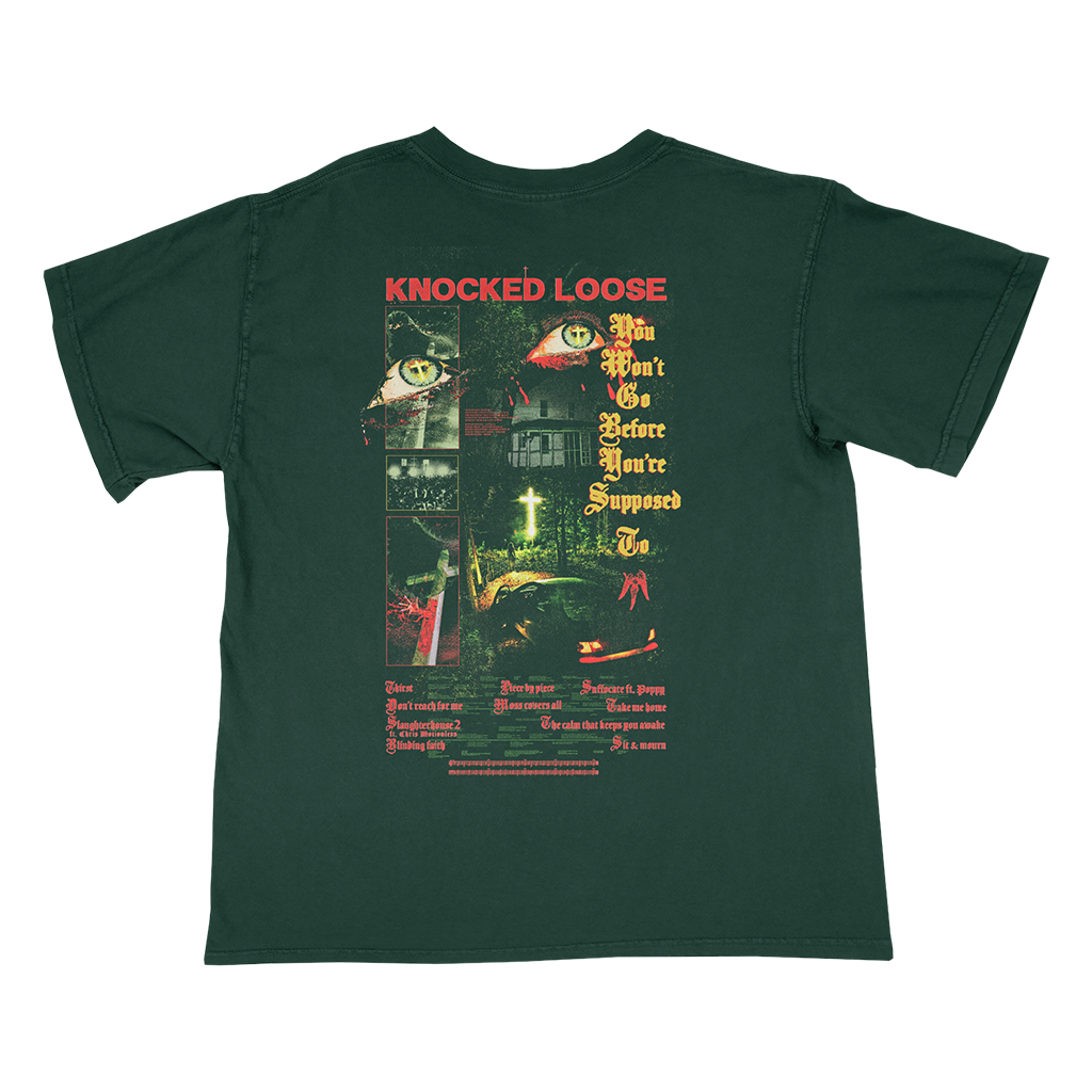 Knocked Loose's "House Eyes" design, printed on the front and back of a forest American Apparel/Alstyle tee.