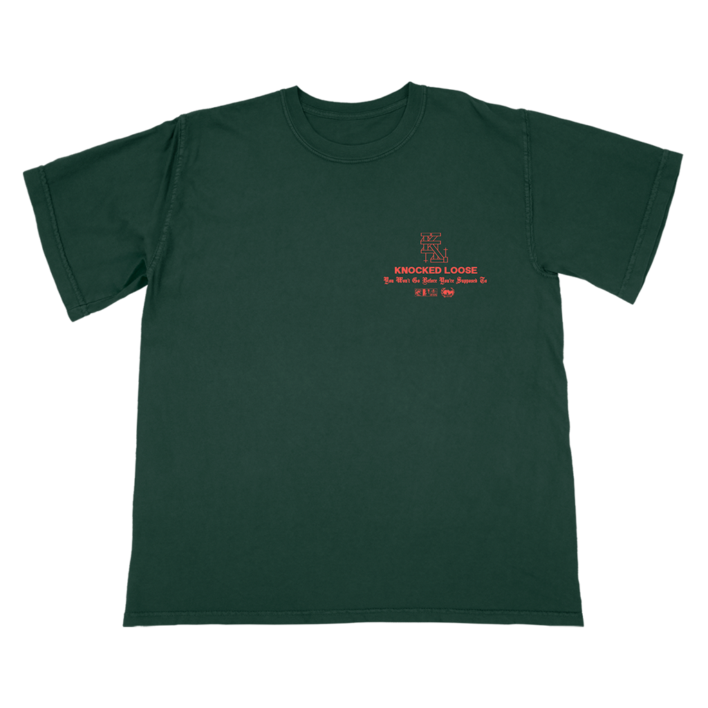 Knocked Loose's "House Eyes" design, printed on the front and back of a forest American Apparel/Alstyle tee.