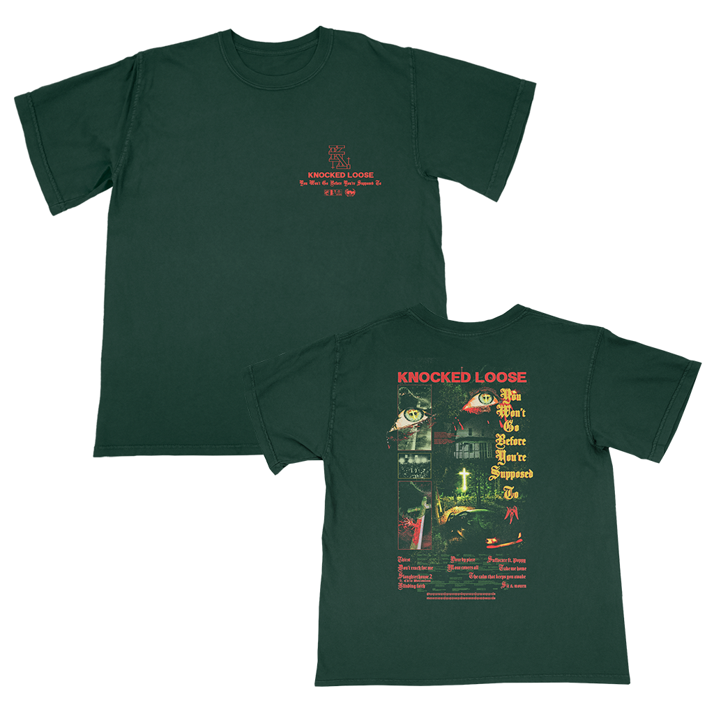 Knocked Loose's "House Eyes" design, printed on the front and back of a forest American Apparel/Alstyle tee.