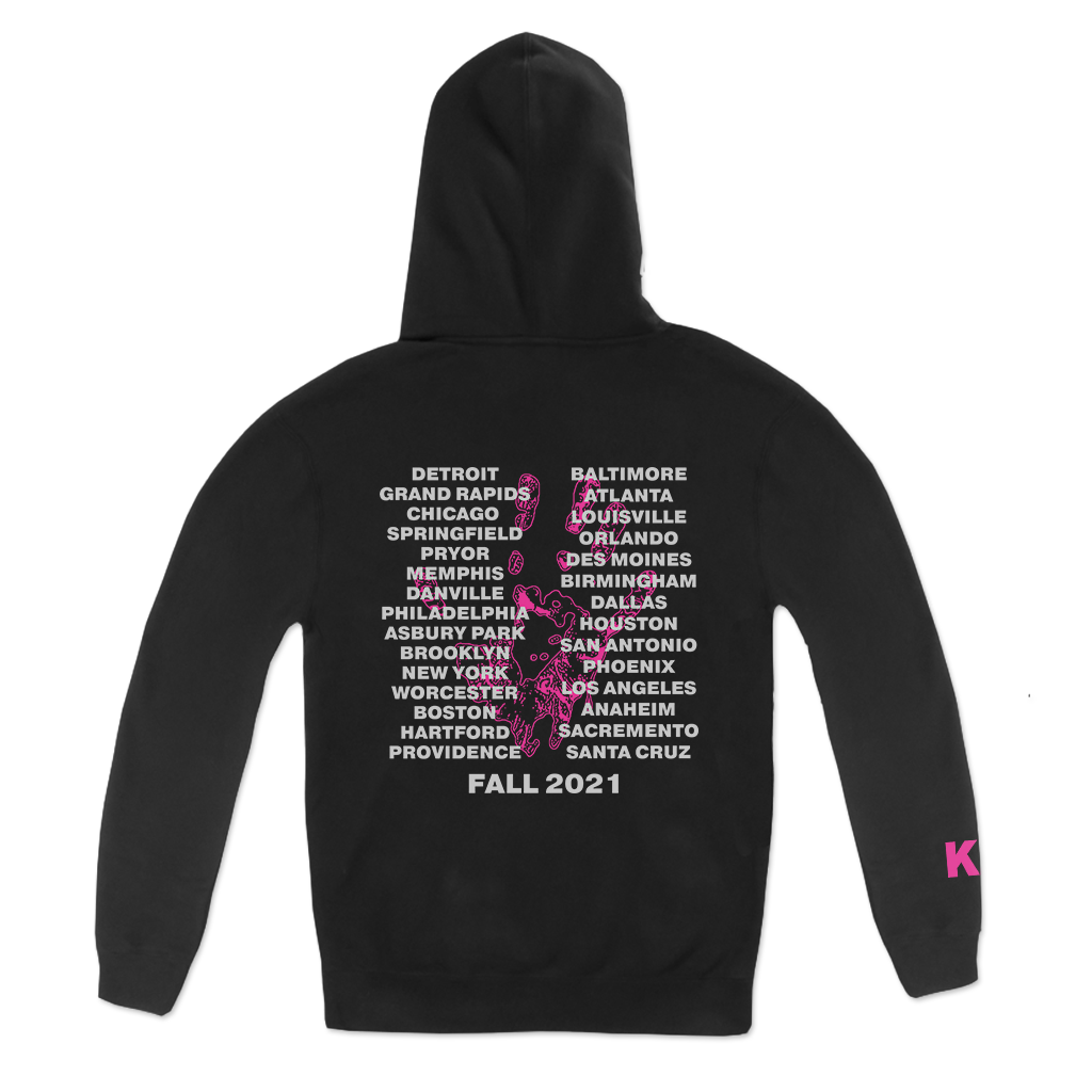 Missed the chance to grab this at the show? Pick it up here while you can. (Available in size Small only).  Knocked Loose's "Oldham Arch" design, printed in pink on a black pullover Champion brand hooded sweatshirt. The back features Knocked Loose's Fall '21 tour locations.  Hoodie features include: 9oz., 50/50 cotton/polyester, made with up to 5% recycled polyester from plastic bottles; durable coverstitching throughout; 2-ply hood; dyed-to-match drawcord; front pouch pocket; and “C” logo on left sleeve.