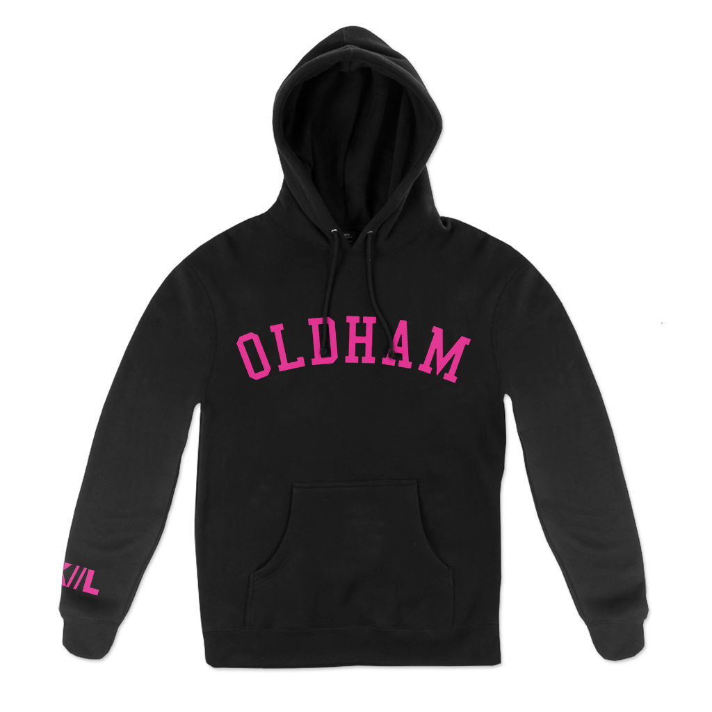 Missed the chance to grab this at the show? Pick it up here while you can. (Available in size Small only).  Knocked Loose's "Oldham Arch" design, printed in pink on a black pullover Champion brand hooded sweatshirt. The back features Knocked Loose's Fall '21 tour locations.  Hoodie features include: 9oz., 50/50 cotton/polyester, made with up to 5% recycled polyester from plastic bottles; durable coverstitching throughout; 2-ply hood; dyed-to-match drawcord; front pouch pocket; and “C” logo on left sleeve.