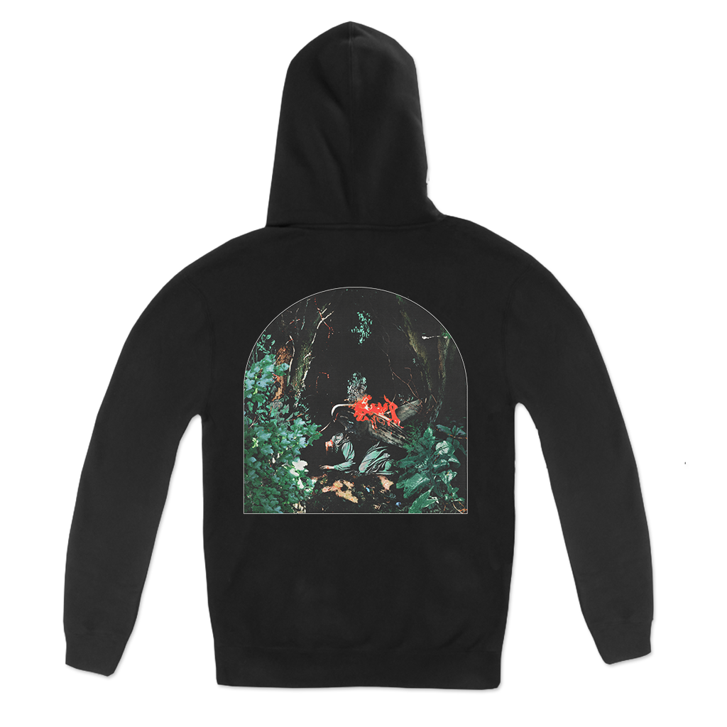 Knocked Loose's "Upon Loss Oldham" design, printed on the front and back of a black Champion brand pullover hooded sweatshirt. Hoodie features include: 9oz., 50/50 cotton/polyester, made with up to 5% recycled polyester from plastic bottles; durable coverstitching throughout; 2-ply hood; dyed-to-match drawcord; front pouch pocket; and “C” logo on left sleeve.