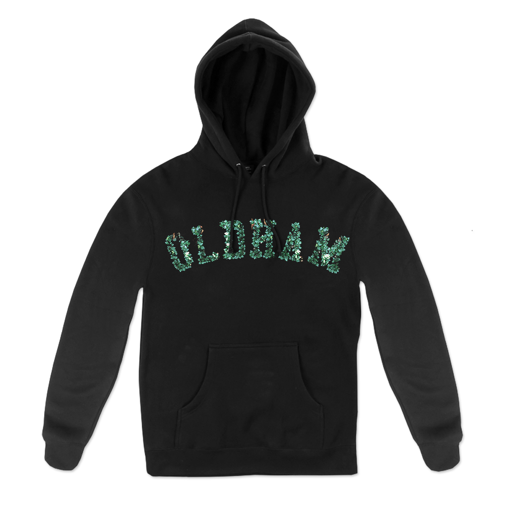 Knocked Loose's "Upon Loss Oldham" design, printed on the front and back of a black Champion brand pullover hooded sweatshirt. Hoodie features include: 9oz., 50/50 cotton/polyester, made with up to 5% recycled polyester from plastic bottles; durable coverstitching throughout; 2-ply hood; dyed-to-match drawcord; front pouch pocket; and “C” logo on left sleeve.