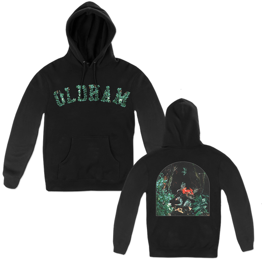 Knocked Loose's "Upon Loss Oldham" design, printed on the front and back of a black Champion brand pullover hooded sweatshirt. Hoodie features include: 9oz., 50/50 cotton/polyester, made with up to 5% recycled polyester from plastic bottles; durable coverstitching throughout; 2-ply hood; dyed-to-match drawcord; front pouch pocket; and “C” logo on left sleeve.