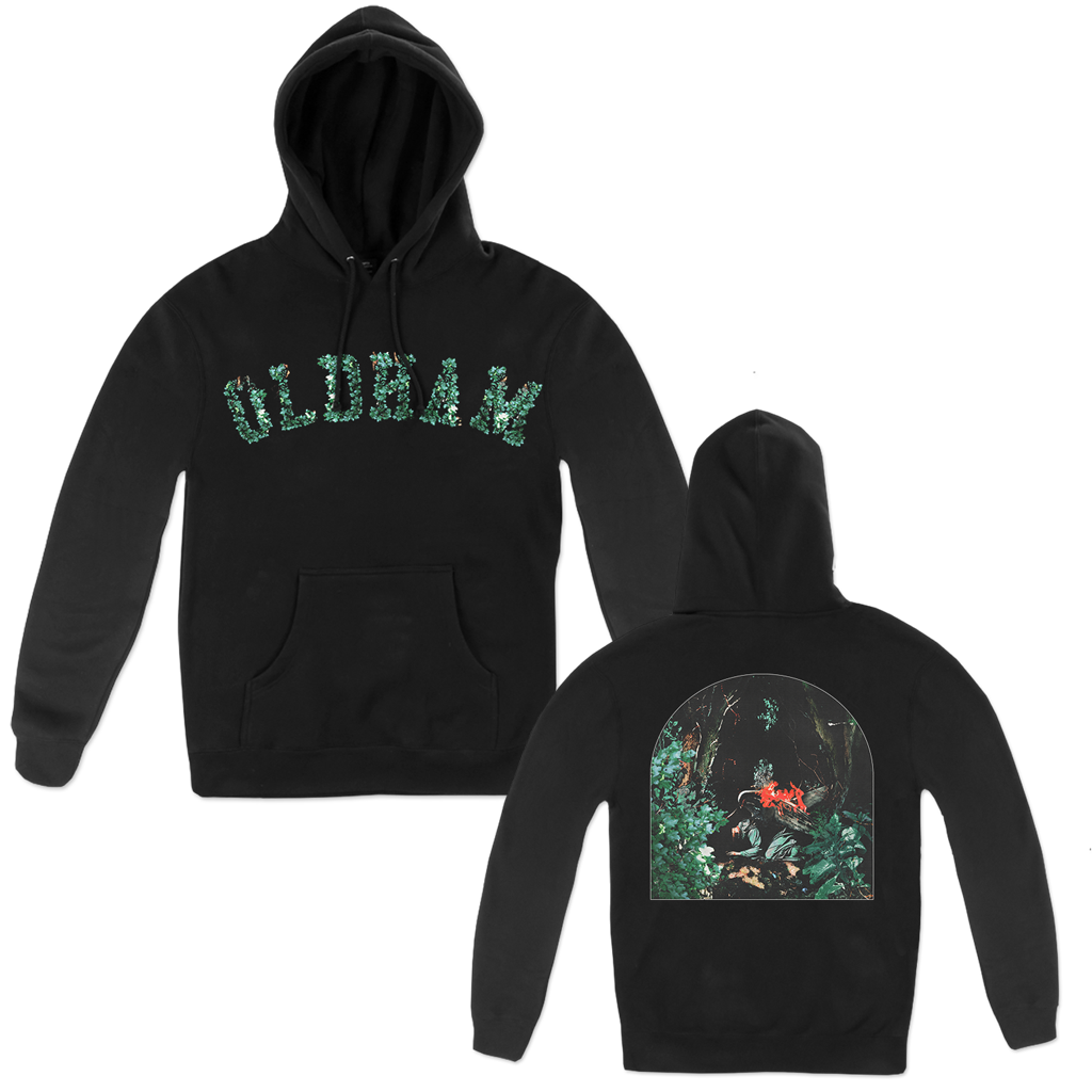 Knocked Loose's "Upon Loss Oldham" design, printed on the front and back of a black Champion brand pullover hooded sweatshirt. Hoodie features include: 9oz., 50/50 cotton/polyester, made with up to 5% recycled polyester from plastic bottles; durable coverstitching throughout; 2-ply hood; dyed-to-match drawcord; front pouch pocket; and “C” logo on left sleeve.