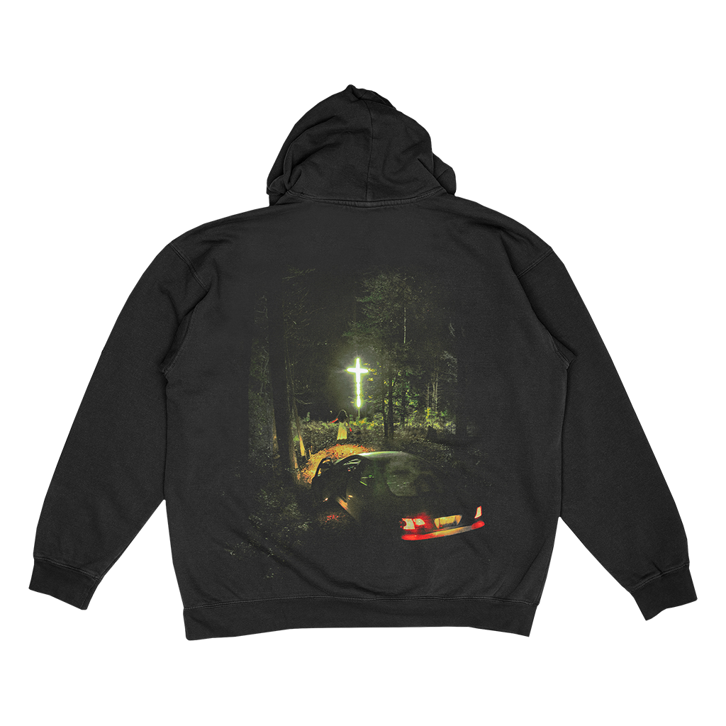 Knocked Loose's "Oldham Lights" design, printed on the front, back and both lower sleeves of a black Champion brand pullover hooded sweatshirt.