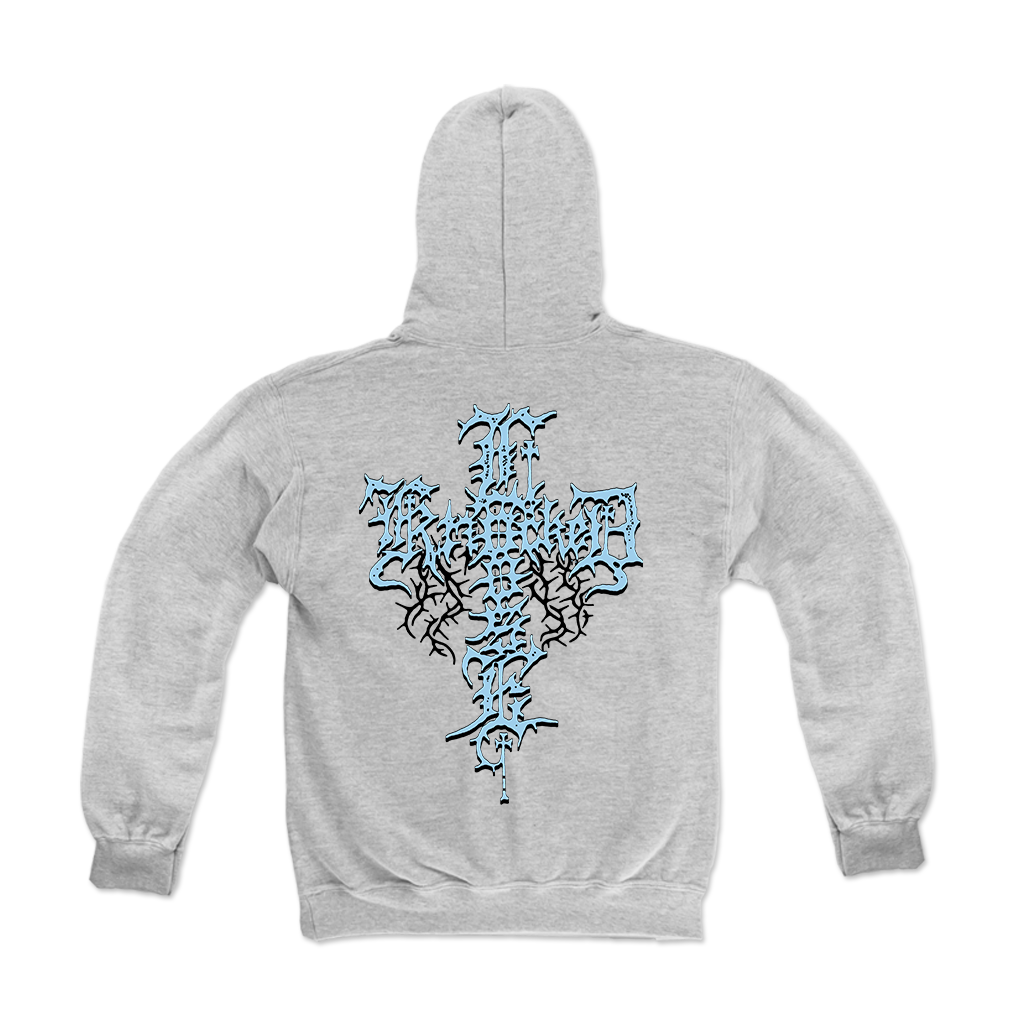 Knocked Loose's "OTAK" design, printed on the front and back of an ash Champion brand pullover hooded sweatshirt.