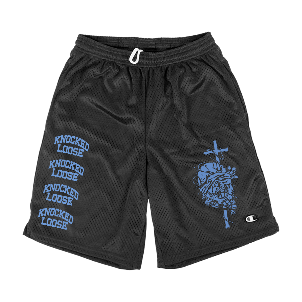 Knocked Loose's "OTAK" design, printed on a pair of black Champion Apparel shorts.