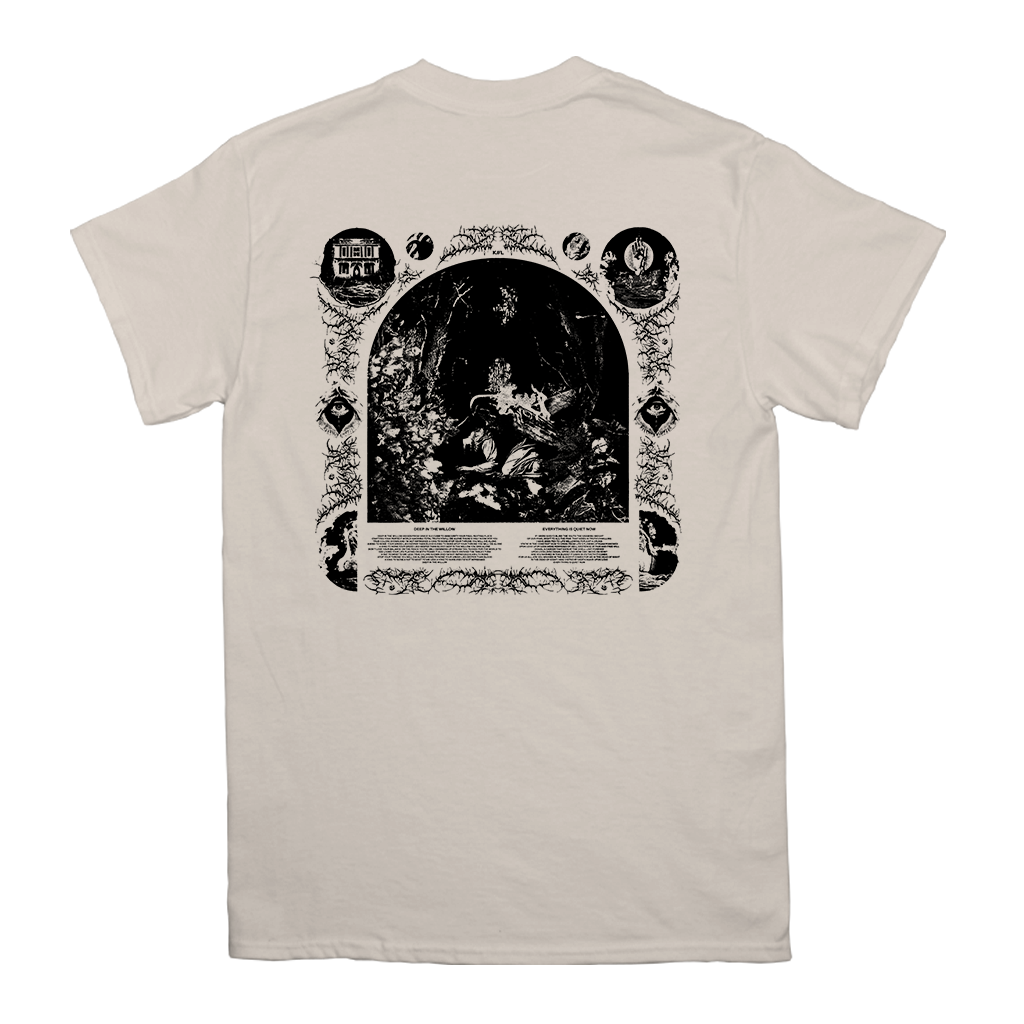 Knocked Loose's "Quiet Now" design, printed on the front and back of an ivory Comfort Colors tee.