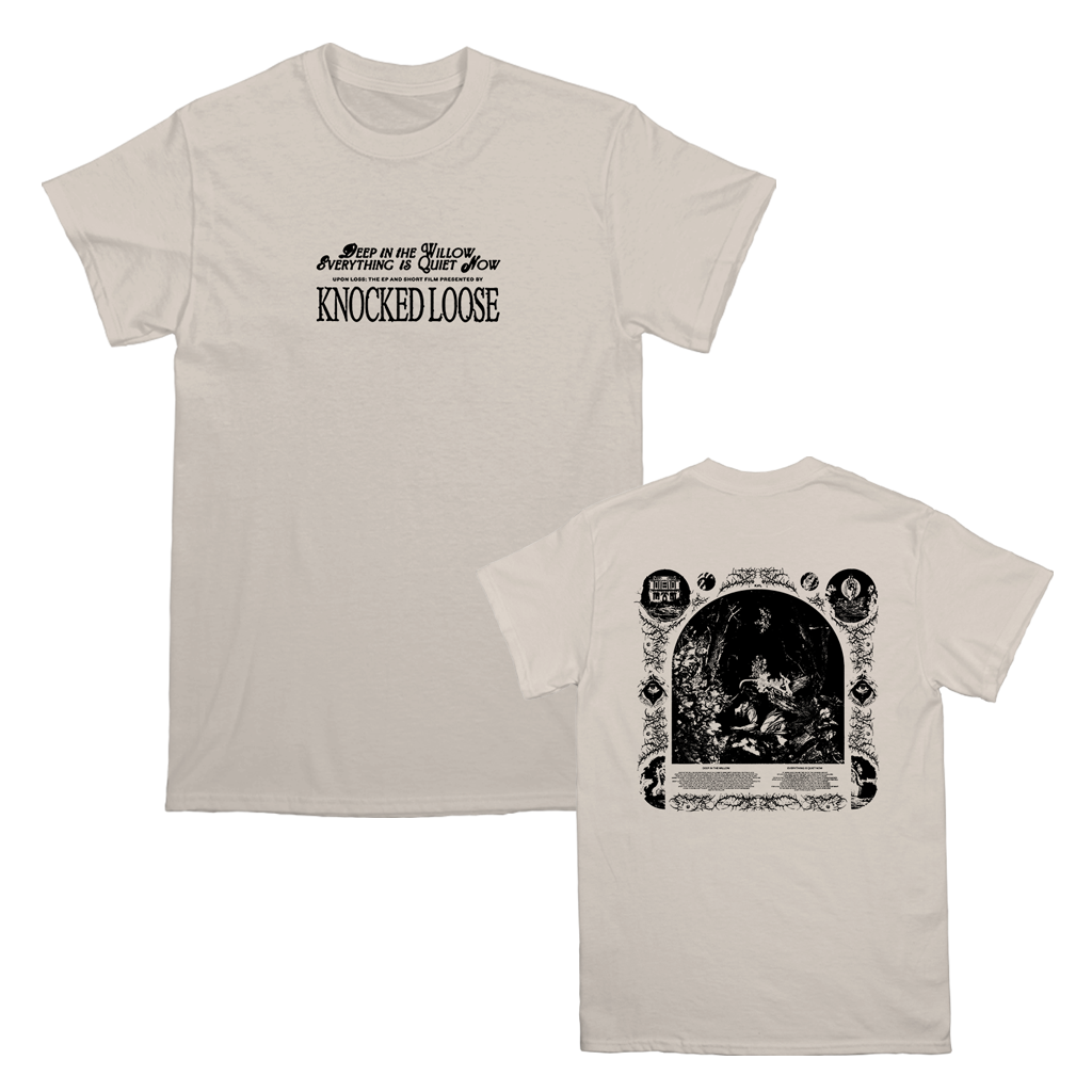 Knocked Loose's "Quiet Now" design, printed on the front and back of an ivory Comfort Colors tee.
