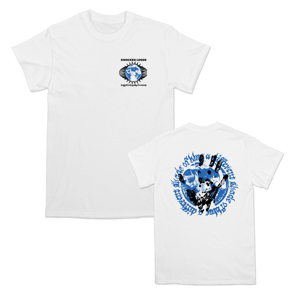 Missed the chance to grab this at the show? Pick it up here while you can. Only available in Small, Medium, Large and X-Large.  Knocked Loose's "Trapped Hand Circle" design, printed on the front and back of a white Alstyle Apparel tee.  Tee features include: 6 oz. 100% preshrunk cotton, set-in rib collar with shoulder-to-shoulder taping, seamless double needle 7/8” collar, double-needle sleeve and bottom hem, and a tearaway label.