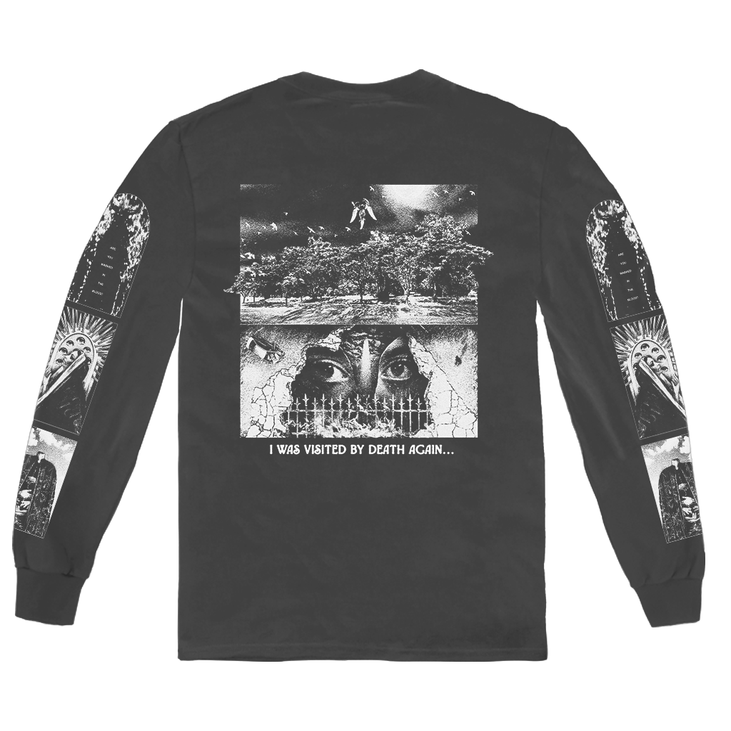 Knocked Loose's "Deep In The Willow" design, printed on the front, back, and both sleeves of a pepper Comfort Colors long sleeve shirt.