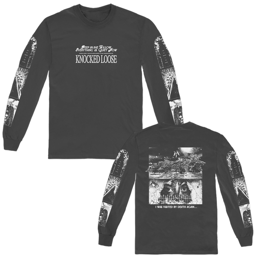 Knocked Loose's "Deep In The Willow" design, printed on the front, back, and both sleeves of a pepper Comfort Colors long sleeve shirt.