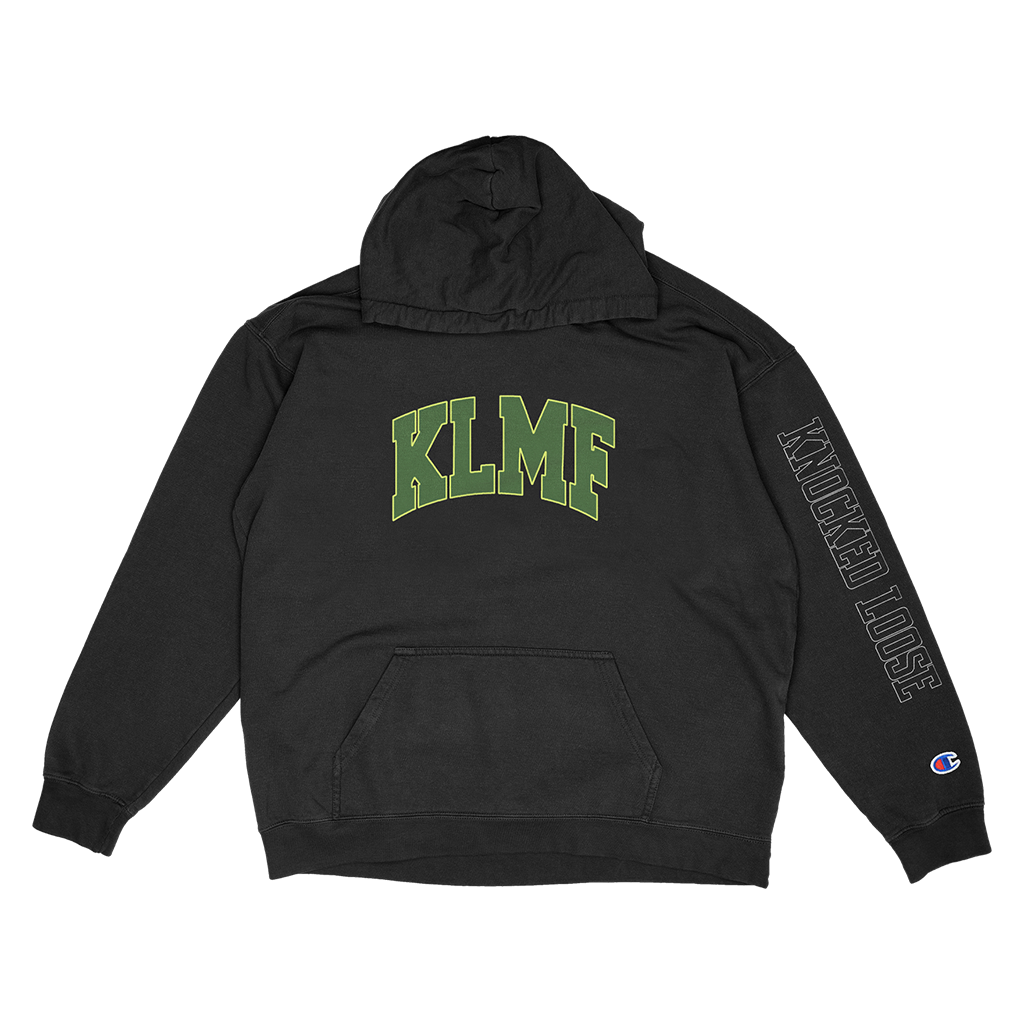 Knocked Loose's "Wood Cross KLMF" design, printed on the front, back and left sleeve sleeve of a black Champion brand pullover hooded sweatshirt.