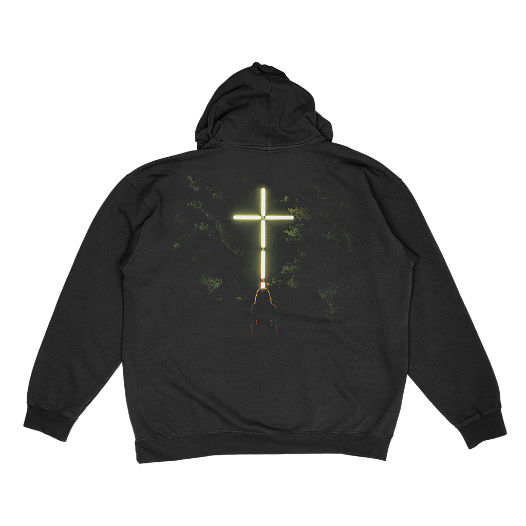 Knocked Loose's "Wood Cross KLMF" design, printed on the front, back and left sleeve sleeve of a black Champion brand pullover hooded sweatshirt.