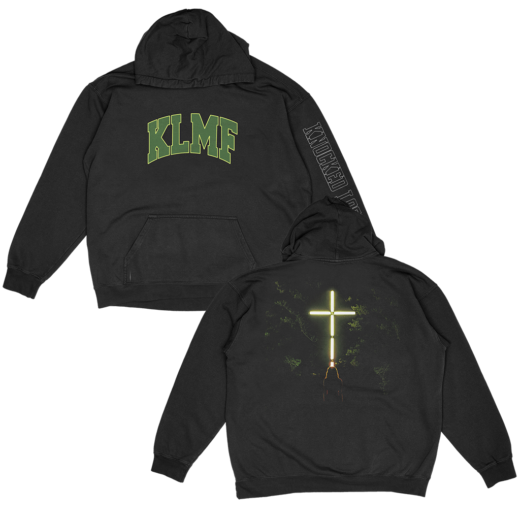 Knocked Loose's "Wood Cross KLMF" design, printed on the front, back and left sleeve sleeve of a black Champion brand pullover hooded sweatshirt.