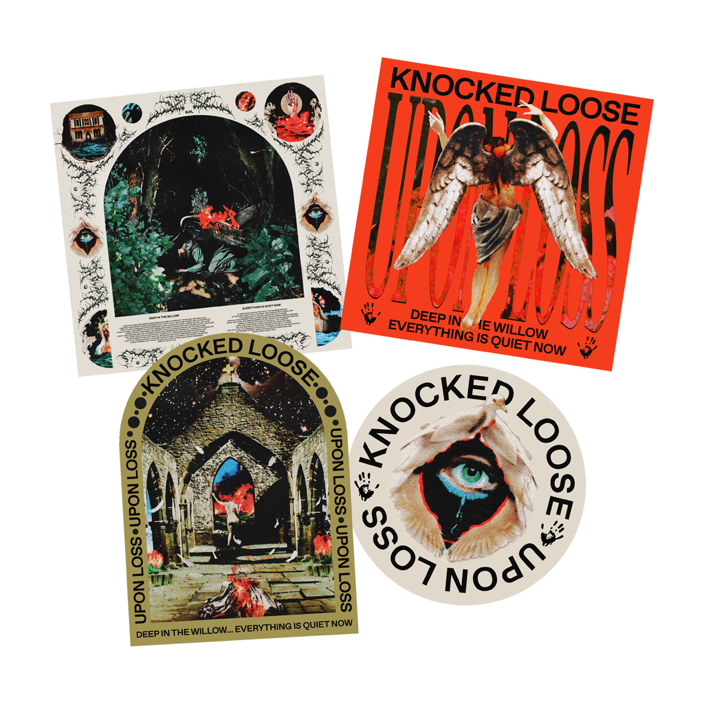 Knocked Loose's Sticker Pack including 4 stickers of different designs. Sticker sizes are 4x4 (2), 5x5, and 4x5.25.