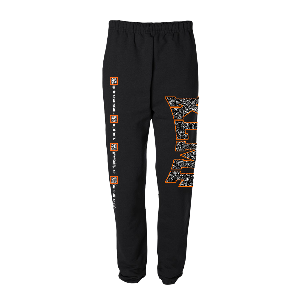 Knocked Loose's "Static" design, printed on both legs of a pair of black Jerzees brand sweatpants with pockets.