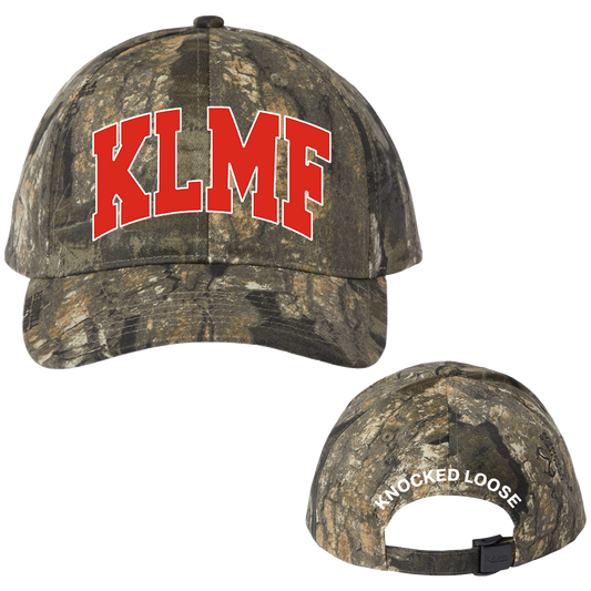 Knocked Loose "KLMF Arch" design embroidered in red and white on the front and the back of a camo sportcap