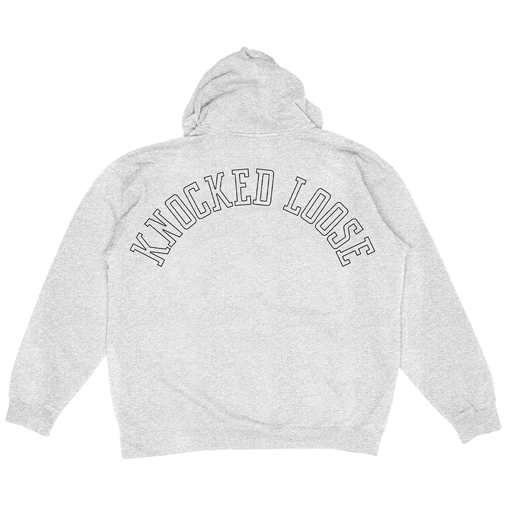 Knocked Loose's "KLMF Large Arch" design, printed on the front and back of a silver grey Champion brand pullover hooded sweatshirt.