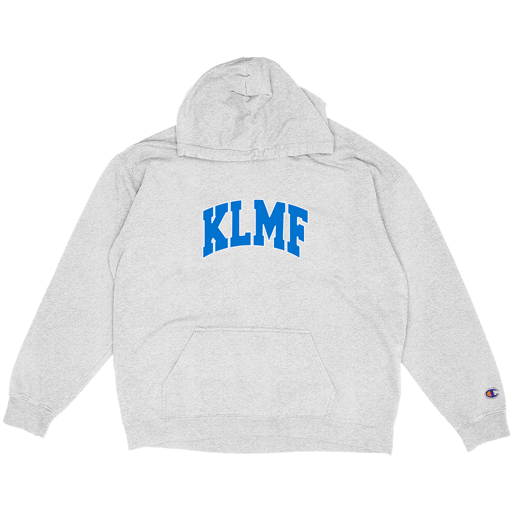 Knocked Loose's "KLMF Large Arch" design, printed on the front and back of a silver grey Champion brand pullover hooded sweatshirt.