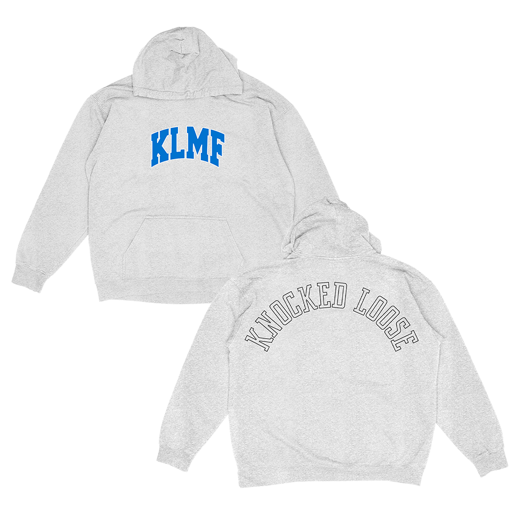 Knocked Loose's "KLMF Large Arch" design, printed on the front and back of a silver grey Champion brand pullover hooded sweatshirt.