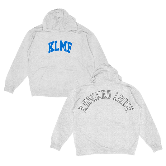 Knocked Loose's "KLMF Large Arch" design, printed on the front and back of a silver grey Champion brand pullover hooded sweatshirt.
