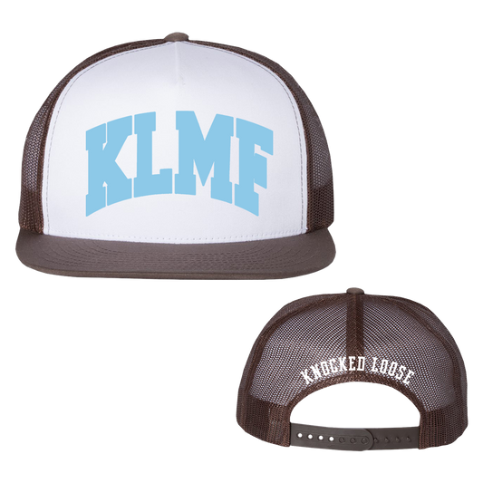 Knocked Loose's KLMF logo is embroidered on the front and back of a brown and white Yupoong adjustable snapback trucker hat. One size fits most.