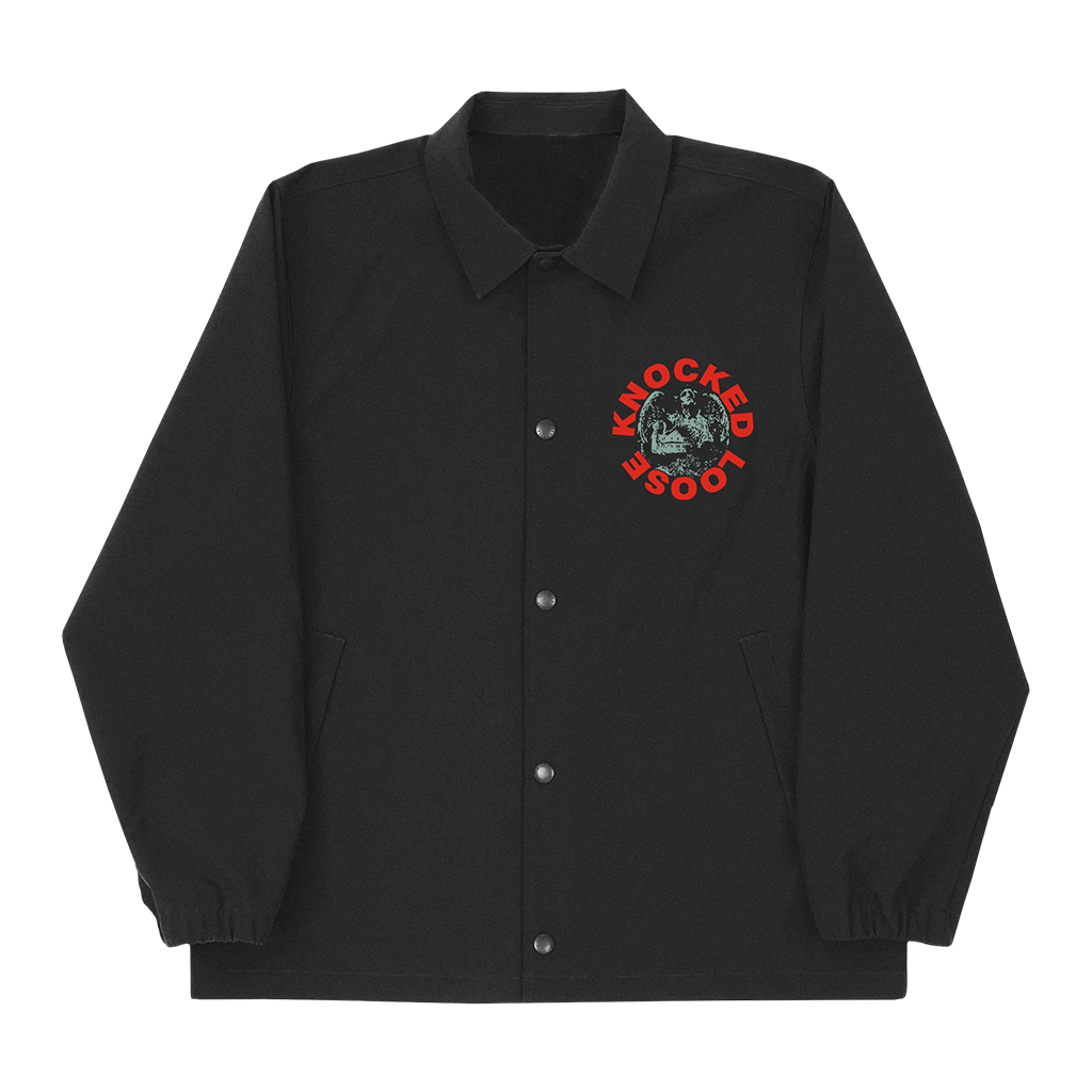 Knocked Loose's "Angel Circle" design, embroidered on the front left chest and screen printed on the back of a black Independent jacket.