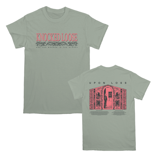 Knocked Loose's "Are You Washed" design, printed on the front and back of a bay color Comfort Colors tee.