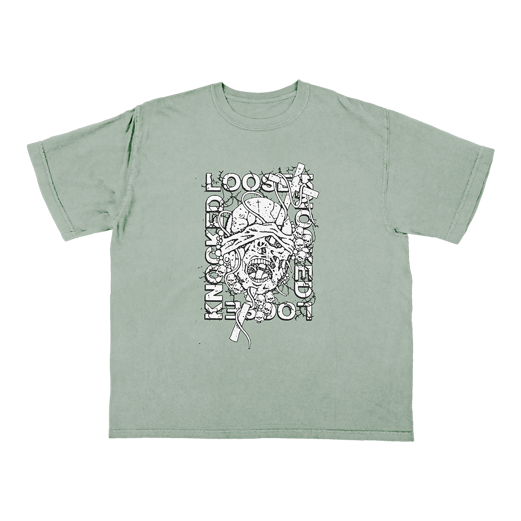 Knocked Loose's "Blinding Faith" design, printed on the front and back of a green Comfort Colors tee.