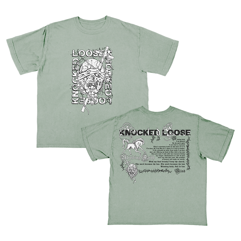 Knocked Loose's "Blinding Faith" design, printed on the front and back of a green Comfort Colors tee.