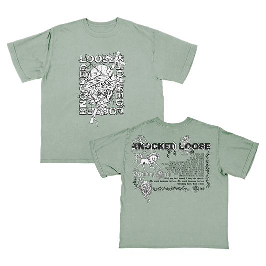 Knocked Loose's "Blinding Faith" design, printed on the front and back of a green Comfort Colors tee.
