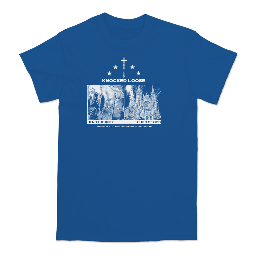 Knocked Loose's "Blinding Faith" design, printed on the front and back of a royal American Apparel/Alstyle tee.