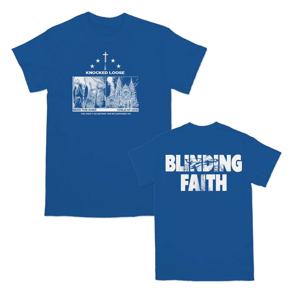 Knocked Loose's "Blinding Faith" design, printed on the front and back of a royal American Apparel/Alstyle tee.
