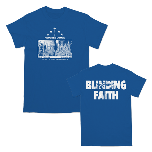 Knocked Loose's "Blinding Faith" design, printed on the front and back of a royal American Apparel/Alstyle tee.