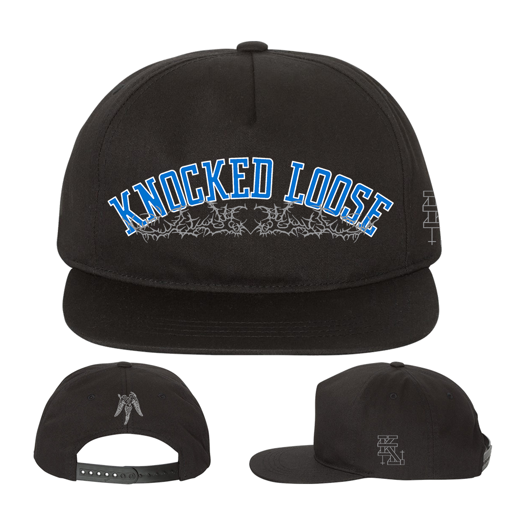 Knocked Loose's "Branch Angel" design embroidered on the front, side and back of a black Yupoong Snapback.