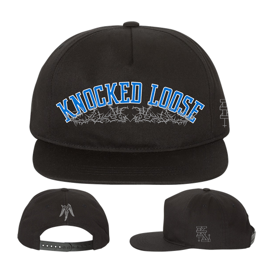 Knocked Loose's "Branch Angel" design embroidered on the front, side and back of a black Yupoong Snapback.