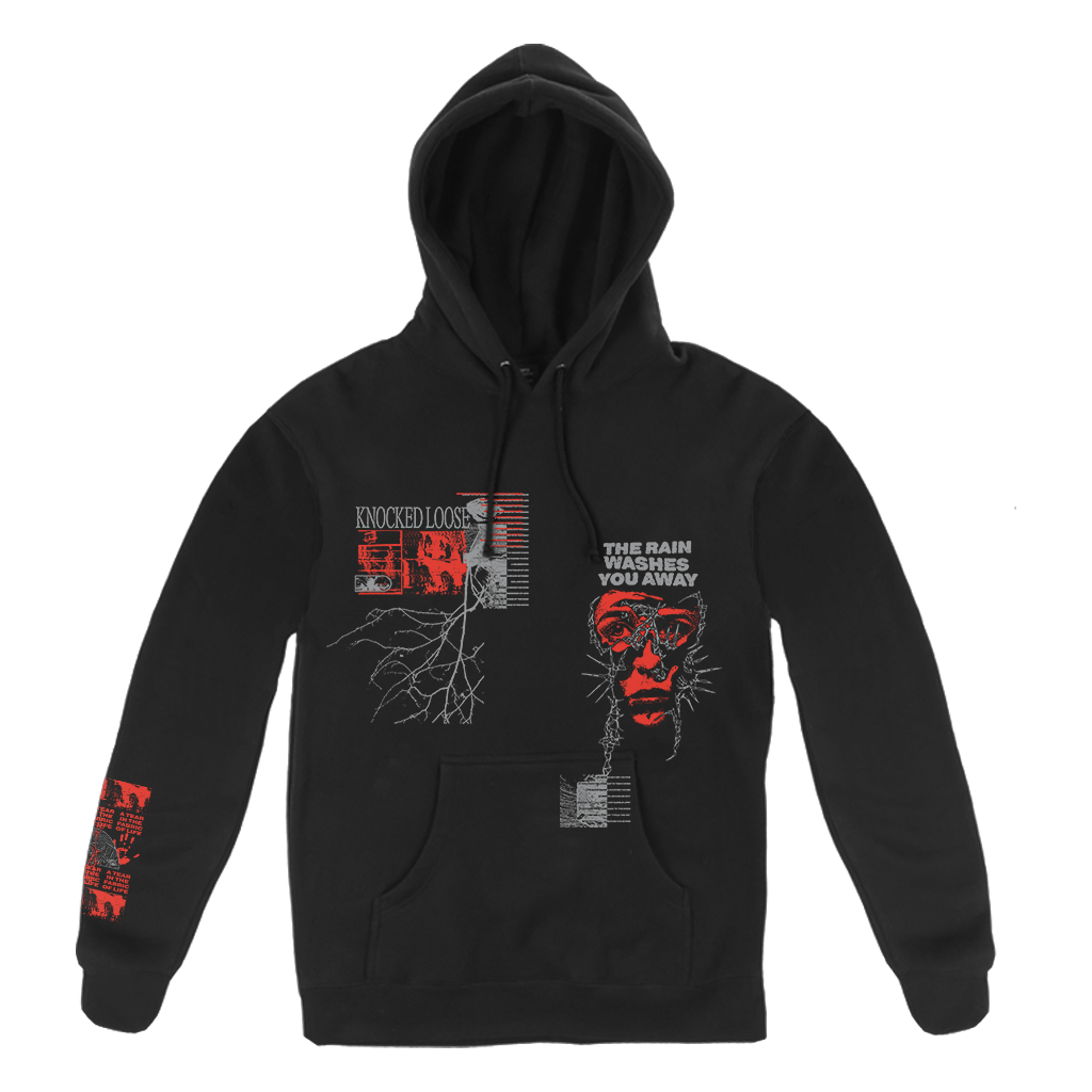 Knocked Loose's "Rain Branch" design, printed on the front and right sleeve of a black Champion pullover hooded sweatshirt.  Hoodie features include: 9oz., 50/50 cotton/polyester, made with up to 5% recycled polyester from plastic bottles; durable coverstitching throughout; 2-ply hood; dyed-to-match drawcord; front pouch pocket; and “C” logo on left sleeve.