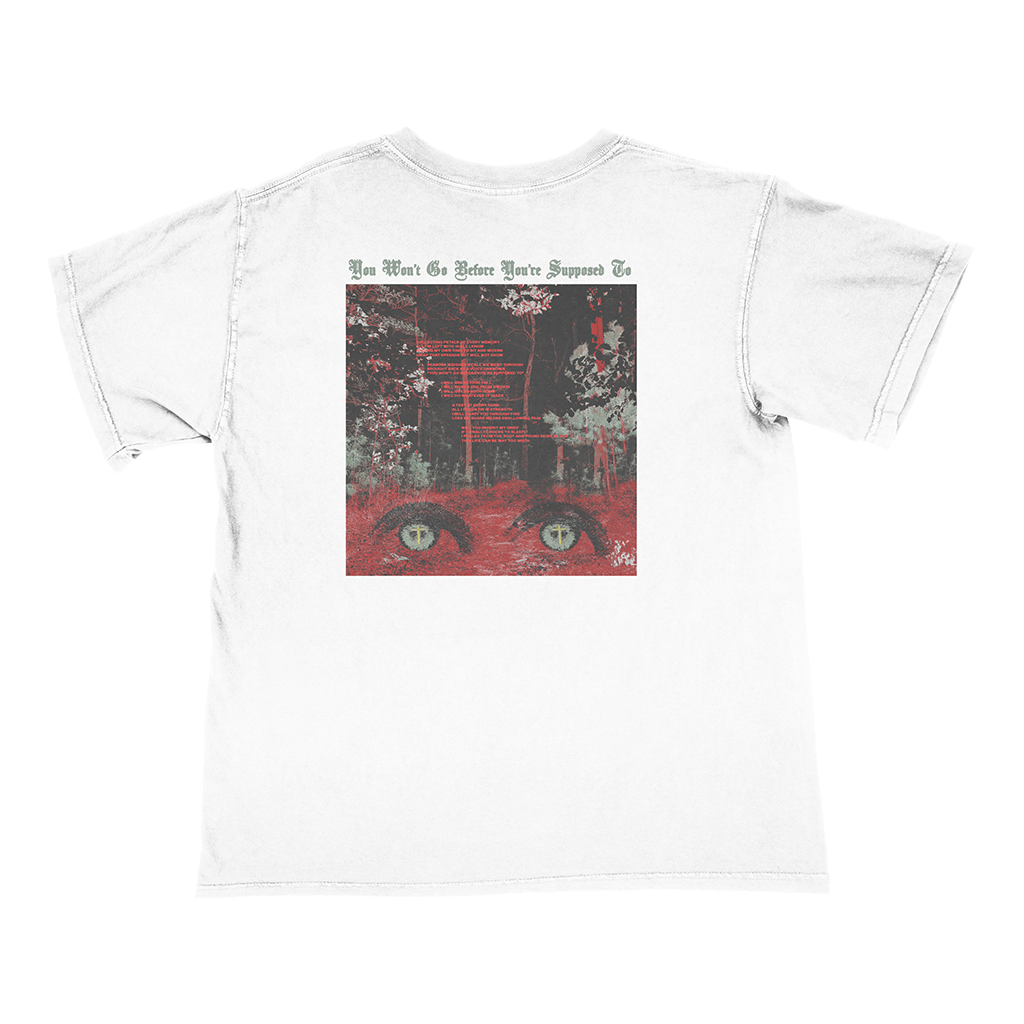 Knocked Loose's "Collecting Petals" design, printed on the front and back of a white American Apparel/Alstyle tee.